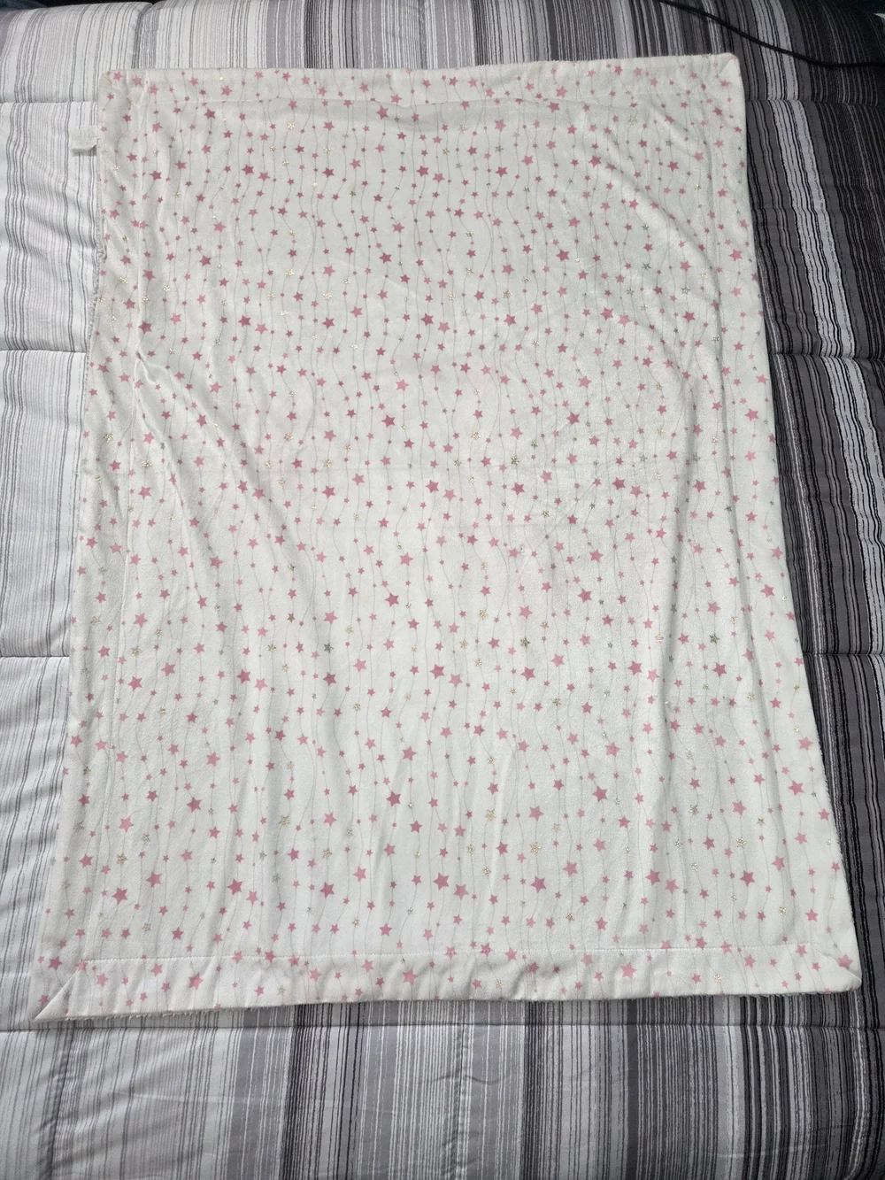 Vintage Microfiber Baby Blanket – Soft White with Pink & Gold Iridescent Stars